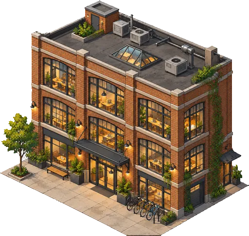 A three-storey brick coworking building.