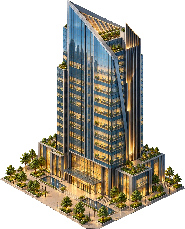 A tall glass headquarters tower with roof gardens.